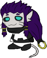 a drawing of a cat with long purple hair and blue eyes