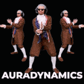 a man in a suit is dancing in front of a black background with auradynamics written on it
