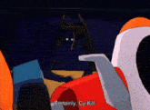 a cartoon character says " certainly cy-kill " in front of a red car