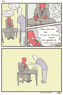a cartoon of a man sitting at a table talking to another man with a red face