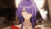 a girl with long purple hair is wearing a necklace with pearls