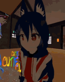 a cartoon girl with a cat ear is standing in front of the word out