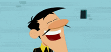 a cartoon of a man in a yellow and black striped shirt is holding a knife