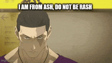 a man in a purple shirt is standing in front of a sign that says i am from ash