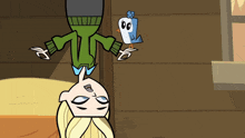 a cartoon character is upside down with a bird behind him
