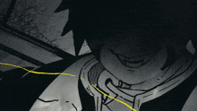a black and white drawing of a person with a yellow line in the middle