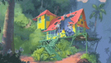 a cartoon drawing of a house with a red roof surrounded by trees
