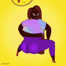 a cartoon drawing of a woman holding a pizza with the numbers 2 3 and 4 on it