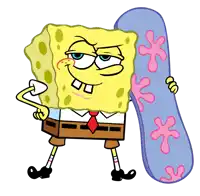 a cartoon of spongebob holding a blue snowboard with pink sponges on it
