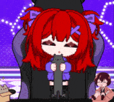 a pixel art drawing of a girl with red hair holding a black cat