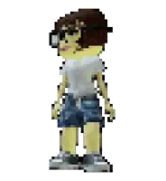 a pixel art of a girl wearing shorts and glasses
