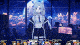 a girl with white hair and a cat ear is standing in front of a computer monitor