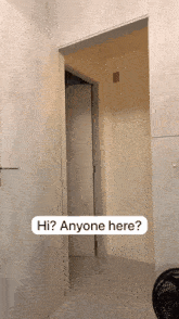 a white door with the words hi anyone here on the bottom