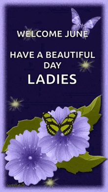 a welcome june card with purple flowers and a butterfly