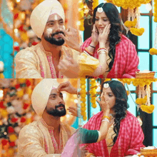 a man in a turban is putting cream on the face of a woman