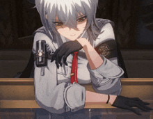 a girl with white hair and black gloves is leaning against a wall
