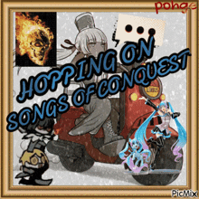 a picture of a girl on a motorcycle with the words " hopping on songs of conquest " on it