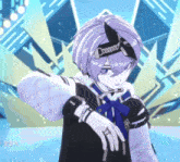 a purple haired anime character is wearing a headband and a ring on his finger .