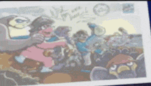 a postcard with a picture of a group of cartoon characters and a signature