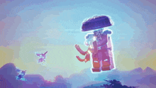 a lego figure is flying through the air with an umbrella