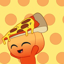 a cartoon character holding a slice of pepperoni pizza on his head