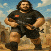 a painting of a man holding a gun with eternal fire written on his shirt