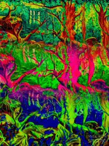 a psychedelic painting of a forest with trees and roots