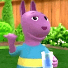 a purple cartoon character is waving and holding a bottle of water