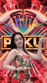 a woman is dancing in front of a sign that says " paku "