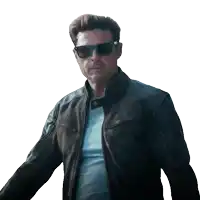 a man wearing sunglasses and a leather jacket stands on a white background