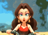 a cartoon character wearing a red top and gold earrings is riding a motorcycle