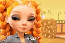 a close up of a doll with the words hmm on it