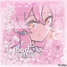 a picture of a girl with pink hair is surrounded by flowers and the words good morning