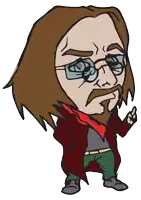 a cartoon of a man wearing glasses and a red coat