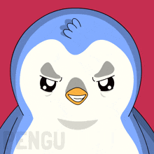 a penguin with an angry look on its face is on a red background that says engu