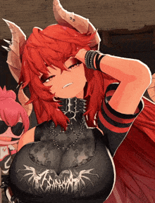 a cartoon character with red hair and horns