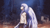 a girl with angel wings is holding a sword in her hand