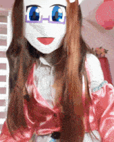 a girl with long hair wearing a white mask with blue eyes