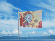 a flag with a picture of jesus on it is flying in the wind