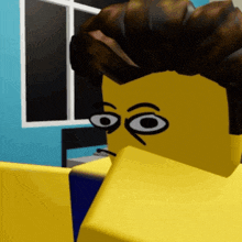 a yellow cartoon character with big eyes and a mohawk looks at the camera