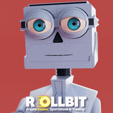 a robot with blue eyes and the words rollbit on the bottom right