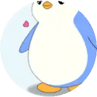 a blue and white penguin is standing in a circle with hearts in the background .