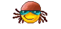 a pixel art illustration of a smiley face wearing sunglasses and a hat