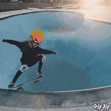 a person wearing a mask is riding a skateboard in a pool with gif jif written below them