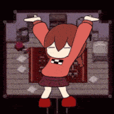 a cartoon of a girl with her arms in the air in a room