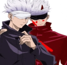 a couple of anime characters standing next to each other on a white background . one of the characters is wearing a blindfold .