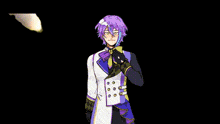 a cartoon character with purple hair is standing in front of a large fire