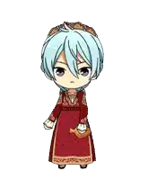 a cartoon character with blue hair and a red dress is kneeling down