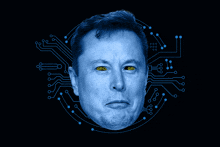 a close up of elon musk 's face with a circuit board behind it