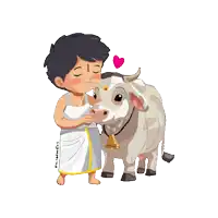a cartoon drawing of a boy hugging a cow with a heart on its nose